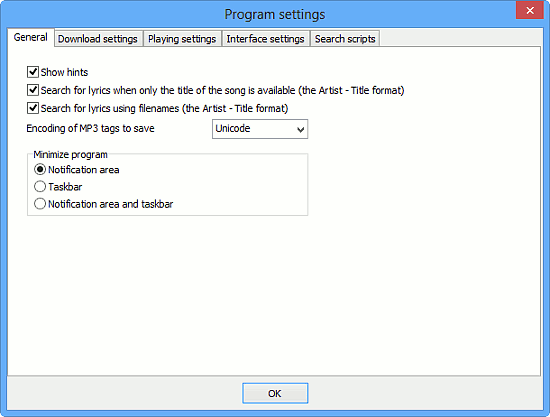 General settings of Free Lyrics Finder